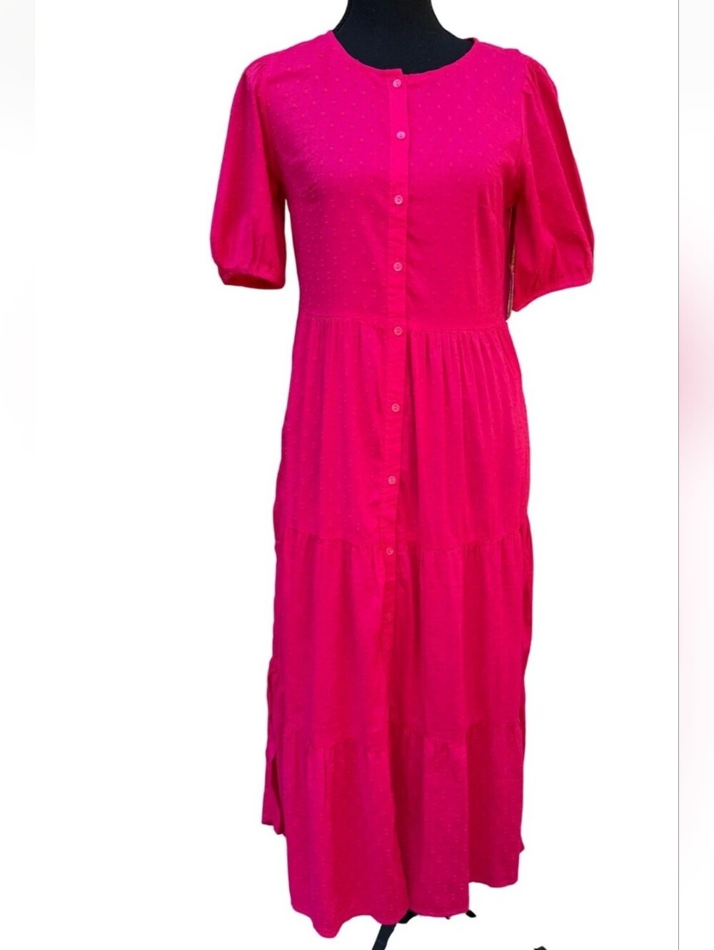 Old Navy Fuscia Pink Clip-Dot Button-Front Puff Sleeves Maxi Dress Small NWT
